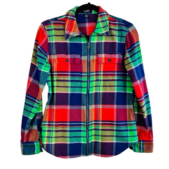 Chaps Tops - Chaps Denim Plaid Flannel Colorful Zip Up Long Sleeve shirt Women Size S